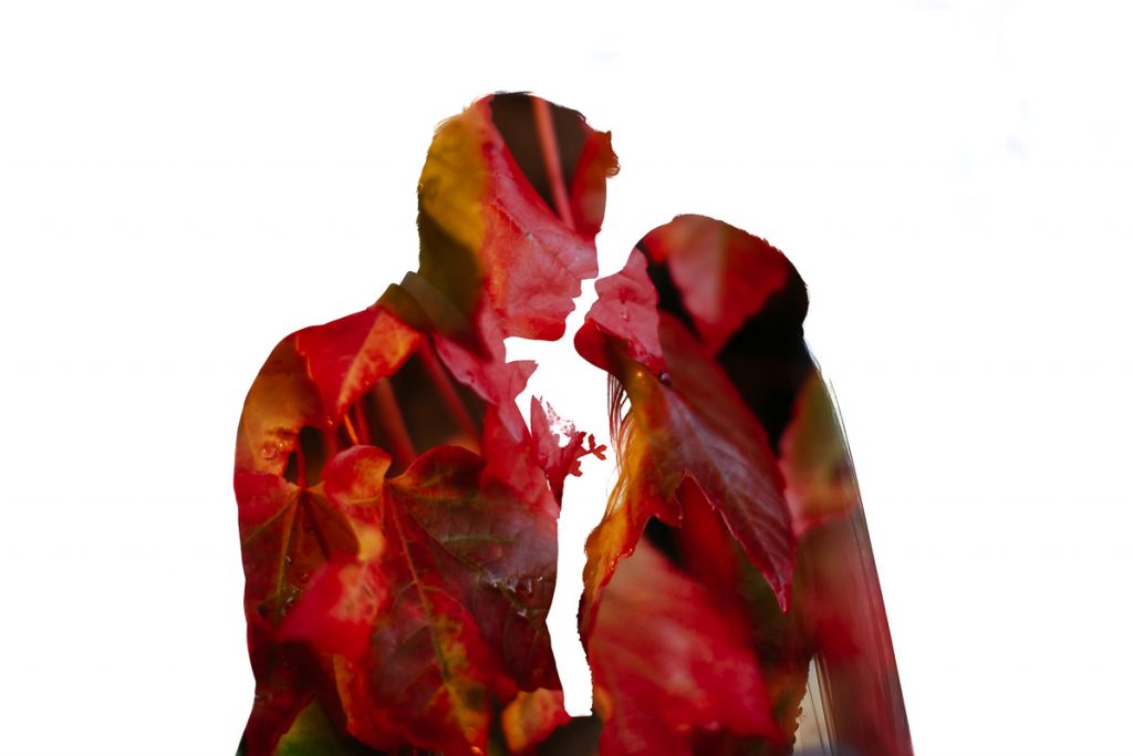 Bendooley Estate Wedding Photographer; Southern Highlands: Creative photography; shape of bride and groom overlaid with image of autmn leaves