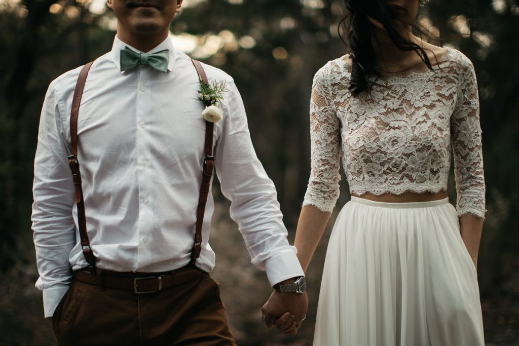 Portrait of the bride and groom's outfits; Growwild Wildflower Farm Wedding Photographer