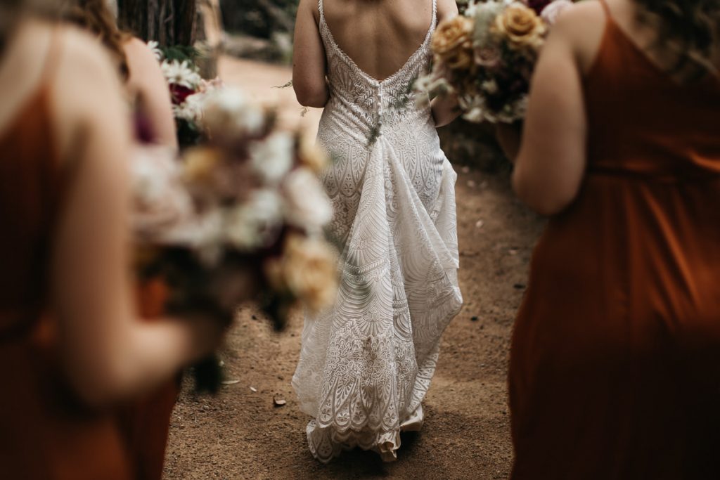South Coast Kangaroo Valley Bush Retreat Wedding photography; creative shot of the back of the bride's dress