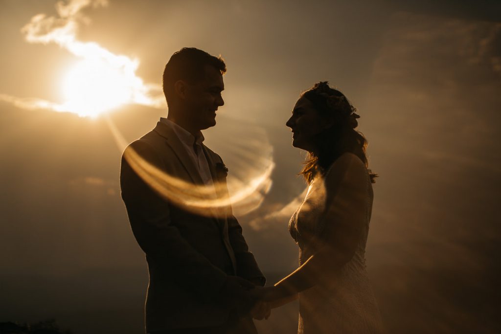 Sunset silhouette of bridal couple; Kangaroo Valley Bush retreat Wedding Photographer; South Coast