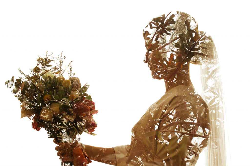 Creative Wedding Photographer; Portrait of a bride overlaid with nature; Kangaroo Valley Wedding Photographer