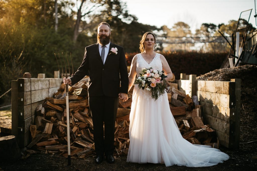 Picthforks and tinder; rustic wedding portait; Southern highlands Wedding photographer