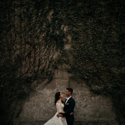 Sydney Wedding photographer; wedding couple stare into each others eyes in front of a wall covered in plants