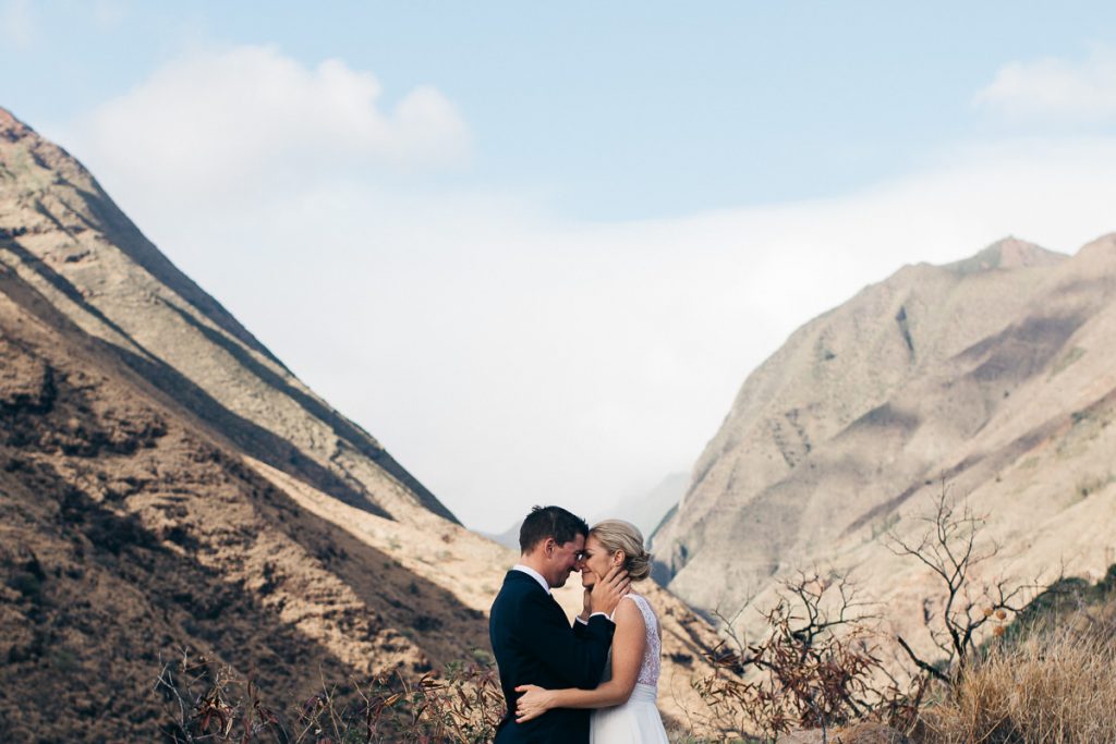 Bride and groom lovingly touch foreheads at their Maui Kaanapali Wedding Photographer