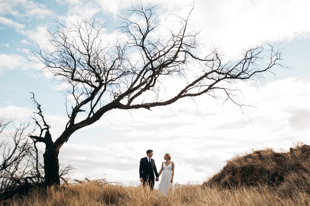 Bride and groom walk beneath a sleeping tree at their Maui Kaanapali Wedding Photographer